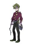 1boy absurdres artist_request black_pants brassius_(pokemon) full_body green_eyes green_footwear green_hair highres holding holding_whip looking_at_viewer official_art pants pokemon pokemon_(game) pokemon_sv red_shirt shirt shoes simple_background solo spiked_hair vine_belt vine_whip whip yellow_collar 