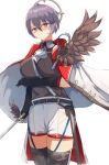  1girl absurdres arm_under_breasts azur_lane bellona_(azur_lane) black_feathers black_gloves boots breasts brown_shirt epaulettes feathers gloves grey_eyes grey_hair hair_between_eyes hane_(feathe02) highres holding holding_sword holding_weapon jacket large_breasts looking_at_viewer shirt short_hair shorts simple_background single_epaulette solo sword thigh_boots waist_cape weapon white_background white_jacket white_shorts 