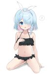  1girl ? absurdres arona_(blue_archive) bikini black_bikini blue_archive blue_eyes blue_hair blush bow braid chiimanju frilled_bikini frills hair_bow hair_over_one_eye hand_on_own_chest highres knees_apart_feet_together looking_at_viewer navel open_mouth ribbon short_hair simple_background sitting solo spoken_question_mark swimsuit thighs white_background 