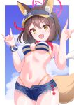  1girl \m/ absurdres animal_ear_fluff animal_ears arms_up ass_visible_through_thighs bikini bikini_under_clothes blue_archive breasts brown_eyes brown_hair cloud cutoffs denim denim_shorts double_fox_shadow_puppet fang fox_ears fox_girl fox_shadow_puppet fox_tail halo highres izuna_(blue_archive) izuna_(swimsuit)_(blue_archive) navel open_mouth outdoors shadow_puppet short_hair short_shorts shorts sky slumpa smile solo striped striped_bikini swimsuit tail thighs unbuttoned unbuttoned_shorts visor_cap 