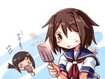  2girls artist_logo blue_sailor_collar brown_hair commentary_request dated food fubuki_(kancolle) furutaka_(kancolle) glowing glowing_eye head_only heterochromia kantai_collection kutone_shirika melting multiple_girls neckerchief popsicle red_neckerchief sailor_collar school_uniform serafuku short_hair solo_focus translation_request yellow_eyes 