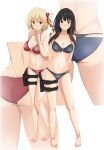  2girls absurdres arm_behind_back arms_behind_back ass bangs barefoot bikini black_hair blonde_hair blue_bikini blush breasts cleavage closed_mouth finger_to_mouth flat_ass full_body gun hair_ribbon hand_up handgun highres holster index_finger_raised inoue_takina layered_bikini legs long_hair looking_at_viewer lycoris_recoil medium_breasts multiple_girls multiple_views navel nishikigi_chisato one_side_up purple_eyes red_bikini red_eyes red_ribbon revision ribbon short_hair shushing simple_background smile stomach swimsuit tetsuado thigh_holster thighs underboob weapon white_background 