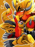  3:4 anthro armor artist_name blonde_hair bushiroad clothed clothing dragon drum_bunker_dragon future_card_buddyfight hair male muscular muscular_anthro muscular_male orange_background ragujuka reptile scalie simple_background sitting solo 