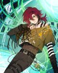  1boy belt black_hair chain crop_top fashion fishnet_top fishnets genshin_impact gloves green_eyes highres long_sleeves looking_at_viewer male_focus mole mole_under_eye multicolored_hair red_hair shikanoin_heizou shohje short_hair short_ponytail solo striped_sleeves 