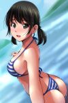  1girl absurdres ass bangs bare_shoulders bikini black_hair blue_bikini blue_sky blurry blurry_background blush breasts brown_eyes camera clear_sky day depth_of_field dutch_angle fingernails full-face_blush highres hill holding large_breasts looking_at_viewer matsunaga_kouyou ocean open_mouth original selfie short_twintails sky smile solo standing striped striped_bikini sunlight swimsuit teeth twintails upper_teeth wedgie white_bikini 
