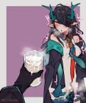  1girl 1other arknights bare_shoulders black_coat black_gloves black_hair bulge coat cum cum_in_container cum_in_cup cum_on_hands cup dragon_horns dress drinking_glass dusk_(arknights) futanari gloves green_hair grey_background hair_over_one_eye highres holding holding_cup horns long_hair long_sleeves looking_at_viewer mirin_chikuwa multicolored_hair necktie open_mouth pointy_ears pov pov_hands purple_background red_necktie rolling_eyes streaked_hair tearing_up trembling two-tone_background white_dress 