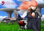  2girls absurdres ace_combat ace_combat_2 aircraft airplane bird breasts character_name cleavage cloud cloudy_sky commentary_request day earrings f-22_raptor feather_earrings feathers fighter_jet grass highres hololive hololive_english jet jewelry large_breasts long_hair military military_vehicle mori_calliope multiple_girls object_namesake on_grass open_mouth orange_hair phoenix pilot_helmet pilot_suit purple_eyes scarface_1 sccmembt silhouette sky takanashi_kiara trait_connection virtual_youtuber 
