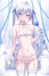  1girl absurdres arm_at_side bangs bikini blue_eyes blue_flower blue_rose blurry blurry_background blush breasts bridal_garter choker flower frilled_choker frills garter_belt gloves halterneck hand_up highres holding holding_flower lis_111 long_hair looking_at_viewer navel original parted_lips rose sidelocks small_breasts solo stomach string_bikini swimsuit thighhighs twintails underwear white_bikini white_choker white_gloves white_hair white_thighhighs 