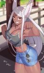  1girl :d absurdres animal_ears animal_print armpit_crease arms_up aviator_sunglasses bangs bare_arms bare_shoulders blue_shorts blurry blurry_background boku_no_hero_academia bracelet breasts bunny_print casual cleavage clenched_hands collarbone cowboy_shot crop_top dark-skinned_female dark_skin highres jewelry koyap large_breasts long_eyelashes long_hair looking_at_viewer midriff mirko navel outdoors rabbit_ears rabbit_girl rabbit_tail red_eyes short_shorts shorts smile solo sunglasses swept_bangs tail tail_through_clothes teeth thighs toned very_long_hair white_hair 