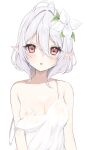  1girl :o antenna_hair bandaid bandaids_on_nipples bare_shoulders blush breasts collarbone commentary_request dress elf flower grey_hair hair_flower hair_ornament highres kokkoro_(princess_connect!) looking_at_viewer medium_breasts pasties pointy_ears princess_connect! red_eyes simple_background sleeveless sleeveless_dress solo spaghetti_strap strap_slip upper_body white_background white_dress white_flower yupi_(yuyupiko01) 