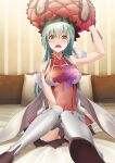  1girl bangs bed_sheet between_legs black_skirt covered_navel fate/grand_order fate_(series) green_eyes green_hair hair_between_eyes hand_between_legs jacket long_hair looking_at_viewer marie_antoinette_(fate) miniskirt open_mouth panties pantyhose pillow pleated_skirt red_headwear red_jacket shiny shiny_hair shiny_skin sitting skirt sleeveless sleeveless_jacket solo straight_hair underwear very_long_hair white_panties yamakou_(yamakou_e2) 