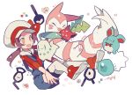  1girl :3 :d alternate_color auko azurill blue_overalls bow bowtie brown_eyes brown_hair cabbie_hat chikorita furret hat hat_bow hoppip long_hair lyra_(pokemon) outstretched_arms overalls pokemon_(creature) red_bow red_footwear red_shirt shiny_pokemon shirt shoes signature smile thighhighs twintails unown white_background white_headwear 