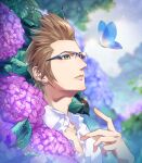  1boy artist_name blue_butterfly blurry blurry_background brown_hair bug butterfly collared_shirt final_fantasy final_fantasy_xv flower glasses green_eyes hair_slicked_back hinoe_(dd_works) hydrangea ignis_scientia jewelry leaf male_focus necklace open_collar outdoors parted_lips purple_flower shirt short_hair sideburns solo upper_body white_shirt 