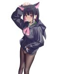  1girl animal_ears arm_up bangs black_hair black_jacket blue_archive blush brown_pantyhose closed_mouth colored_inner_hair drawstring feet_out_of_frame female_pubic_hair highres hood hood_down hooded_jacket jacket kazusa_(blue_archive) long_sleeves looking_at_viewer multicolored_hair no_panties no_pants pantyhose photoshop_(medium) pink_hair pubic_hair red_hair short_hair solo standing two-tone_hair yizhirenben 