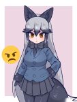  &gt;:( 1girl animal_ears annoyed aramaru black_bow black_bowtie black_fur black_necktie blue_coat blue_jacket blush bow bowtie breasts closed_mouth coat emoticon extra_ears fox_ears fox_girl fox_tail frown fur-trimmed_sleeves fur_collar fur_trim grey_hair highres jacket kemono_friends kemono_friends_3 long_hair looking_at_viewer necktie orange_eyes silver_fox_(kemono_friends) solo tail v-shaped_eyebrows 