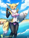  :3 anthro asterozoan bandai_namco beach bikini blush braixen breasts canid canine canis cleavage clothed clothing digimon digimon_(species) digital_media_(artwork) echinoderm enoiz female generation_6_pokemon hi_res hybrid inflatable inflatable_toy inner_tube mammal marine medium_breasts navel nintendo outside pokemon pokemon_(species) pool_toy renamon sand seaside sky solo starfish starfish_(accessory) surfboard swim_ring swimwear under_boob video_games water wet white_body yellow_body 