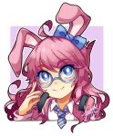  1girl ahoge animal_ears blue-framed_eyewear blue_bow blue_eyes bow bright_pupils closed_mouth commission glasses hair_bow headphones headphones_around_neck long_hair looking_at_viewer original pink_hair rabbit_ears round_eyewear sandragh smile solo upper_body white_pupils 