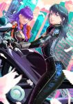  2girls alternate_costume animal biker biker_clothes bird black_gloves blue_eyes blue_hair breasts building byleth_(fire_emblem) byleth_(fire_emblem)_(female) cleavage closed_mouth commentary contemporary english_commentary feathers fingerless_gloves fire_emblem fire_emblem:_three_houses fire_emblem_warriors:_three_hopes floof_n_wool gloves ground_vehicle hair_bun hair_over_one_eye highres large_breasts lips long_hair long_sleeves medium_breasts motor_vehicle motorcycle multiple_girls one_eye_covered orange_gloves outdoors pink_lips purple_eyes purple_hair riding shez_(fire_emblem) shez_(fire_emblem)_(female) single_hair_bun smile very_long_hair 