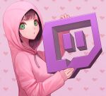  1girl brown_hair freeinni from_side green_eyes heart heart_background holding hood hood_up hooded_sweater long_sleeves original pink_background pink_sweater shiny shiny_hair short_hair sleeves_past_wrists solo sweater twitch.tv upper_body witch 