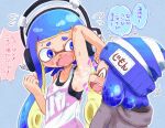  2girls :d ^_^ arm_up armpits bare_arms bare_shoulders blue_background blue_eyes blue_hair blush bobble-chan_(splatoon) breasts closed_eyes collarbone covered_nipples fangs hand_up headphone-chan_(splatoon) headphones highres inkling inkling_girl long_hair multiple_girls nose_blush outline short_hair sideboob small_breasts smile splatoon_(manga) splatoon_(series) steaming_body striped striped_headwear suction_cups sweat tank_top tentacle_hair white_outline yugmlecpdduukox 