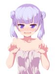  1girl absurdres bangs bare_arms bare_shoulders blunt_bangs blush carpentecture collarbone double_bun flat_chest hair_bun highres long_hair naked_towel naughty_face new_game! open_mouth purple_eyes purple_hair shiny shiny_hair shiny_skin simple_background solo suzukaze_aoba towel twintails upper_body white_background 