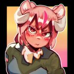 1:1 anthro blush bovid breasts bust_portrait caprine female fur hair hi_res horn looking_at_viewer mammal neck_tuft pingpenne pink_hair portrait red_eyes sheep short_hair solo tuft united_states_of_america white_body white_fur 