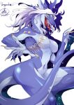  absurd_res anthro aurelia_(vanguard) big_breasts blue_body blue_skin breasts claws dragon fangs female getuyoubi5 gold_markings hair hi_res intense markings nude solo tongue tongue_out white_hair yellow_claws yellow_eyes 