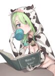  1girl animal_ears animal_hood animal_print antlers bell bikini black_bow black_bowtie blush book bookmark bow bowtie braid braided_bangs breasts ceres_fauna cleavage cow_ears cow_girl cow_hood cow_print cowbell drinking elbow_gloves gloves green_eyes green_hair hair_over_one_eye highres hololive hololive_english hood medium_hair navel neck_bell reading swimsuit virtual_youtuber white_background zedd_(zedgawr) 