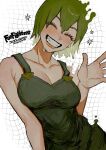  1girl breasts character_name cleavage closed_eyes dripping foo_fighters green_hair grid_background grin highres jojo_no_kimyou_na_bouken large_breasts lips neg_50asu overalls smile solo stone_ocean upper_body 