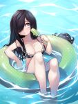  1girl absurdres afloat aria_wintermint bikini black_hair breasts cleavage food green_eyes gug hair_over_one_eye highres innertube medium_breasts parororo pool popsicle smile solo sweat swimsuit the_crawling_city thighs water wet 