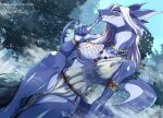  absurd_res anthro aurelia_(vanguard) big_breasts blue_body blue_skin breasts dragon female glistening glistening_body glistening_skin hair hi_res jewelry long_ears looking_at_viewer pose smile sokomonosuisou solo thick_tail thick_thighs white_hair yellow_eyes 