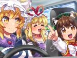  3girls :3 =_= animal_ears bangs blonde_hair blush bow breasts brown_hair can car_interior cat_ears chen choker closed_eyes closed_mouth collarbone commission dress driving earrings gloves gold_trim green_headwear hat holding holding_can jewelry large_breasts long_sleeves mob_cap multiple_girls open_mouth pillow_hat pmx purple_dress red_choker ribbon_choker sample_watermark short_hair single_earring skeb_commission steering_wheel tabard touhou white_bow white_gloves white_headwear yakumo_ran yakumo_yukari yellow_eyes 