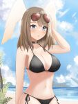  1girl :o absurdres aviator_sunglasses bangs beach bikini black_bikini black_choker blue_eyes blush breasts brown_hair choker cleavage eunie_(xenoblade) eyewear_on_head hand_on_own_head head_wings highres ka_maru large_breasts looking_at_viewer medium_hair navel o-ring ocean open_mouth palm_leaf palm_tree sand side-tie_bikini_bottom sideboob solo string_bikini summer sunglasses swept_bangs swimsuit tree white_wings wings xenoblade_chronicles_(series) xenoblade_chronicles_3 