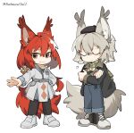  2girls ahoge animal_ears arknights ashlock_(arknights) black_jacket black_pants blue_pants brown_eyes chibi closed_eyes crossed_arms denim flametail_(arknights) full_body green_scarf hair_between_eyes highres jacket jeans long_hair looking_at_viewer mechanical_owl multiple_girls open_clothes open_jacket pants scarf shadow shoes short_hair simple_background smile squirrel_ears squirrel_girl squirrel_tail standing tail twitter_username u_u white_background white_footwear white_jacket 