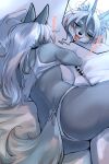 anthro bed big_breasts blush bodily_fluids breasts butt canid canine canis claws clothing digital_media_(artwork) drooling exposed_breasts eyes_closed female fingers fur furniture grey_body grey_fur hair hi_res holding_object holding_pillow hugging_pillow japanese_text kemono long_hair lying mammal okami_bark on_bed on_side ookamiwaho open_mouth pillow saliva shirt side_boob sleeping solo string_panties tank_top text tongue topwear white_body white_clothing white_fur white_hair white_shirt white_tank_top white_topwear wolf 