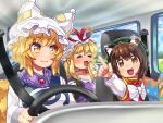  3girls :3 =_= animal_ears bangs blonde_hair blush bow breasts brown_hair can car_interior cat_ears chen choker closed_eyes closed_mouth collarbone commission dress driving earrings gloves gold_trim green_headwear hat holding holding_can jewelry large_breasts long_sleeves mob_cap multiple_girls open_mouth pillow_hat pmx purple_dress red_choker ribbon_choker short_hair single_earring skeb_commission steering_wheel tabard textless_version touhou white_bow white_gloves white_headwear yakumo_ran yakumo_yukari yellow_eyes 