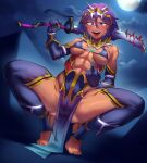  1girl abs absurdres black_gloves blood blood_on_weapon breasts breasts_apart commission fingernails gloves highres holding holding_sword holding_weapon looking_at_viewer medium_breasts middle_finger mole mole_under_eye muscular muscular_female original purple_eyes purple_hair sharp_fingernails sharp_teeth short_hair skeb_commission solo spread_legs squatting sword teeth toin_(koto54576897) tongue tongue_out upper_teeth weapon yellow_nails 