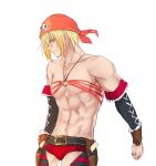  1boy bandana bangs belt belt_buckle bikini black_belt black_sleeves blonde_hair buckle collarbone crossdressing detached_sleeves eizen_(tales) frown green_eyes hair_between_eyes halterneck holster long_sleeves male_focus mismatched_bikini orange_bandana print_bandana red_bikini shiny shiny_hair short_hair simple_background sketch skull_print solo striped striped_bikini swimsuit tales_of_(series) tales_of_berseria tusia white_background 