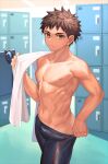  1boy abs brown_eyes brown_hair closed_mouth highres legskin looking_at_viewer male_focus male_swimwear male_swimwear_pull navel nayoshi_(r-744) nipples original pulled_by_self short_hair solo toned toned_male topless_male towel towel_on_one_shoulder 