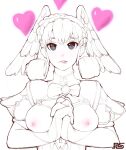  1girl absurdres biting blue_eyes breastless_clothes breasts breasts_out commentary curly_hair facing_viewer head_wings heart highres lip_biting medium_breasts melia_antiqua namespace nipples own_hands_clasped own_hands_together pink_lips short_hair sketch solo spot_color symbol-only_commentary upper_body xenoblade_chronicles:_future_connected xenoblade_chronicles_(series) xenoblade_chronicles_1 
