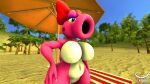  16:9 3d_(artwork) accessory anthro beach beach_blanket beach_umbrella big_breasts birdo blue_eyes bow_ribbon breasts container detailed_background digital_media_(artwork) featureless_breasts featureless_crotch female hair_accessory hair_bow hair_ribbon hi_res mario_bros nintendo pink_body plant red_bow reptile ribbons sand scalie seaside solo source_filmmaker thecheshireguy thick_thighs tree umbrella video_games widescreen 