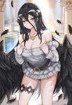  1girl absurdres albedo_(overlord) bangs bare_shoulders black_hair blush breasts cleavage cowboy_shot dress feathered_wings feathers grey_dress grey_eyes hair_between_eyes highres jewelry large_breasts long_hair long_sleeves looking_at_viewer necklace nui_gurumi off-shoulder_dress off_shoulder overlord_(maruyama) short_dress smile solo standing thighs very_long_hair wings 