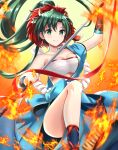  1girl bandages bandeau breasts cleavage collarbone earrings fire fire_emblem fire_emblem:_the_blazing_blade fire_emblem_heroes green_eyes green_hair high_ponytail highres holding holding_polearm holding_weapon japanese_clothes jewelry kakiko210 lantern large_breasts leg_up long_hair looking_at_viewer lyn_(fire_emblem) mask mask_on_head official_alternate_costume paper_lantern polearm ponytail rope_belt sarashi shirt short_sleeves single-shoulder_shirt single_bare_shoulder skirt skirt_set smile solo strapless tube_top very_long_hair weapon 