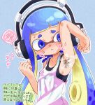  1girl :&lt; arm_up armpit_hair armpits bare_arms bare_shoulders blue_background blue_eyes blue_hair blush breasts closed_mouth collarbone covered_nipples hand_up headphone-chan_(splatoon) headphones highres inkling inkling_girl long_hair nose_blush outline sideboob small_breasts solo speech_bubble splatoon_(manga) splatoon_(series) spoken_blush steaming_body suction_cups sweat tank_top tentacle_hair white_outline yugmlecpdduukox 