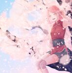  1girl :d absurdres bangs bare_arms bike_shorts black_shorts blush cherry_blossoms flower green_eyes hair_flower hair_ornament haruno_sakura highres in_tree jacket looking_at_viewer naruto_(series) naruto_shippuuden parted_bangs pink_flower pink_hair red_jacket short_hair short_shorts shorts sitting sitting_in_tree sleeveless sleeveless_jacket smile solo spring_(season) suzu_(tg_390) tree 