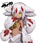  1girl claws clenched_teeth dark-skinned_female dark_skin extra_arms faputa flat_chest highres kesuk0 long_hair looking_at_viewer made_in_abyss navel sharp_teeth simple_background solo teeth white_background white_fur white_hair yellow_eyes 
