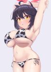  1girl ahoge animal_ears animal_print armpits arms_up bangs bikini black_hair blue_archive blush breasts brown_hair cleavage cow_ears cow_girl cow_print cowboy_shot cowlick hair_between_eyes halo highres huge_breasts kaede_(blue_archive) looking_at_viewer messy_hair navel open_mouth oppai_loli print_bikini short_hair short_hair_with_long_locks shortstack side-tie_bikini_bottom sideboob sidelocks simple_background skindentation solo sonao stomach stretching string_bikini swimsuit underboob white_background yellow_eyes 