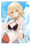  1girl ball bangs bare_shoulders beachball blonde_hair blue_sky blush breasts cleavage collarbone commentary_request genshin_impact highres holding holding_ball looking_at_viewer lumine_(genshin_impact) medium_breasts new_gnsn open_mouth orange_nails short_hair_with_long_locks sidelocks sky solo wet wet_clothes wet_hair 