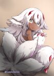  1girl animal_ear_fluff animal_ears body_fur brown_background brown_eyes claws dark-skinned_female dark_skin extra_arms faputa highres komakiyu1212 made_in_abyss monster_girl multiple_tails open_mouth short_hair simple_background solo tail twitter_username white_fur white_hair yellow_eyes 
