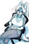  anthro book bottomwear breasts canid canine canis chair cheek_tuft chest_tuft claws cleavage clothed clothing crossed_legs digital_media_(artwork) eyebrows eyelashes eyewear facial_tuft female fingers fur furniture glasses grey_body grey_bottomwear grey_clothing grey_fur grey_shorts hair hi_res holding_book holding_object kemono long_hair mammal okami_bark on_chair ookamiwaho shirt shorts simple_background sitting sitting_on_chair smile solo tank_top topwear tuft white_body white_clothing white_fur white_hair white_shirt white_tank_top white_topwear wolf 
